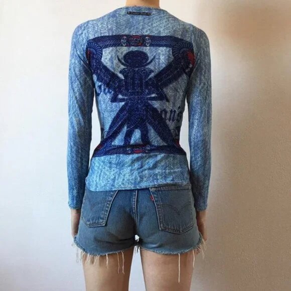 New vintage Gaultier Egyptian scarab mesh semi-sheer Y2K 90's microprint blouse - Picture 4 of 16